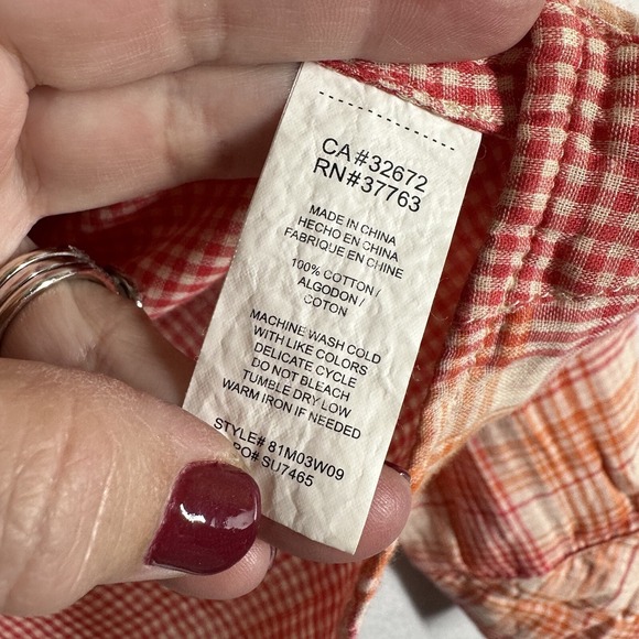 C&C California Blouse XS Button Front Roll Tab Orange Pink Plaid Lightweight NEW - Picture 7 of 11